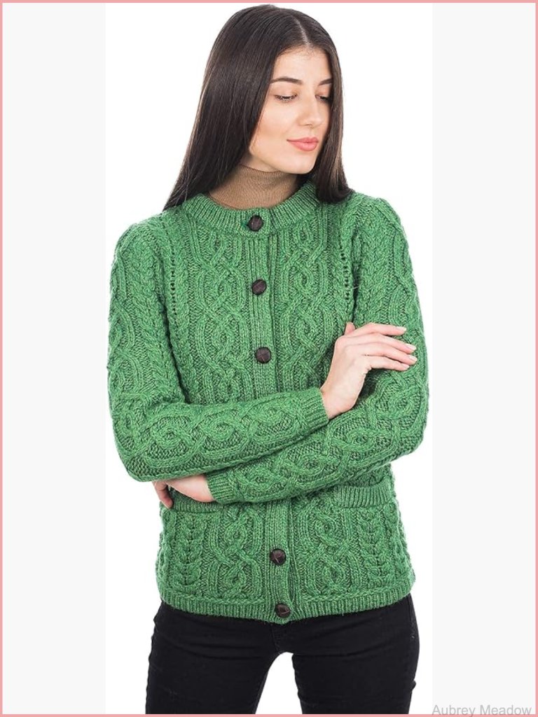 100% Merino Wool Women's Cable Knit Cardigan With Pockets